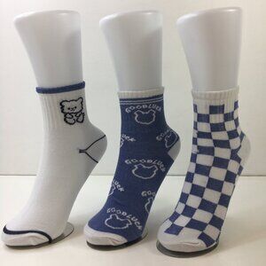 3-Pack Womens Crew Socks Fun Cute Bear Checkerboard Patterns Blue White